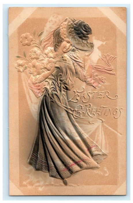c1910 Victorian Woman Hat Flower Easter Embossed Airbrushed Antique Postcard