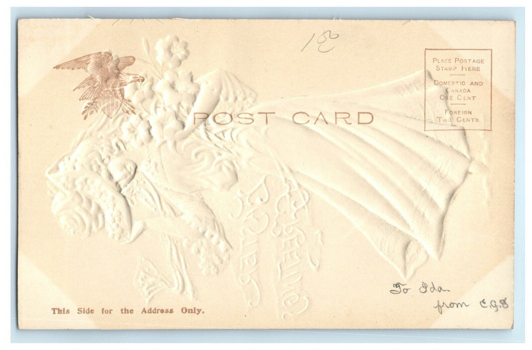 c1910 Victorian Woman Hat Flower Easter Embossed Airbrushed Antique Postcard