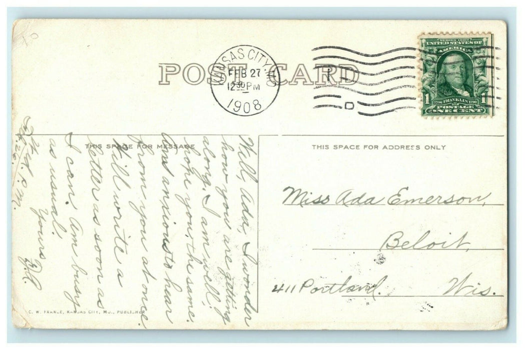 1908 Linwood Boulevard Elesmere Hotel Kansas City MO Posted Antique Postcard