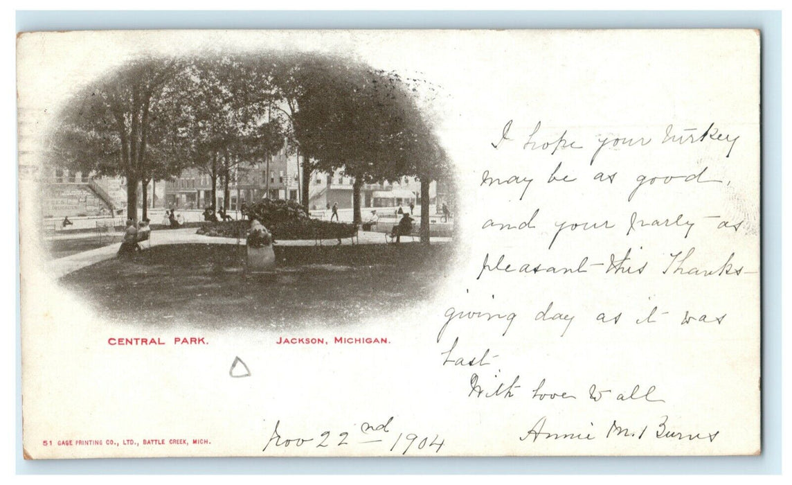 1904 Central Park Jackson Michigan MI Thick Posted Antique Postcard