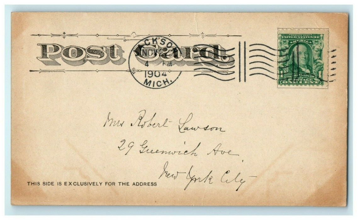 1904 Central Park Jackson Michigan MI Thick Posted Antique Postcard