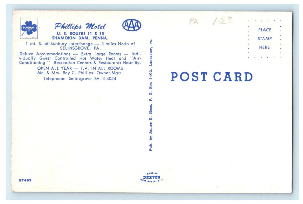 c1960s Phillips Motel Shamokin Dam Pennsylvania PA Unposted Postcard