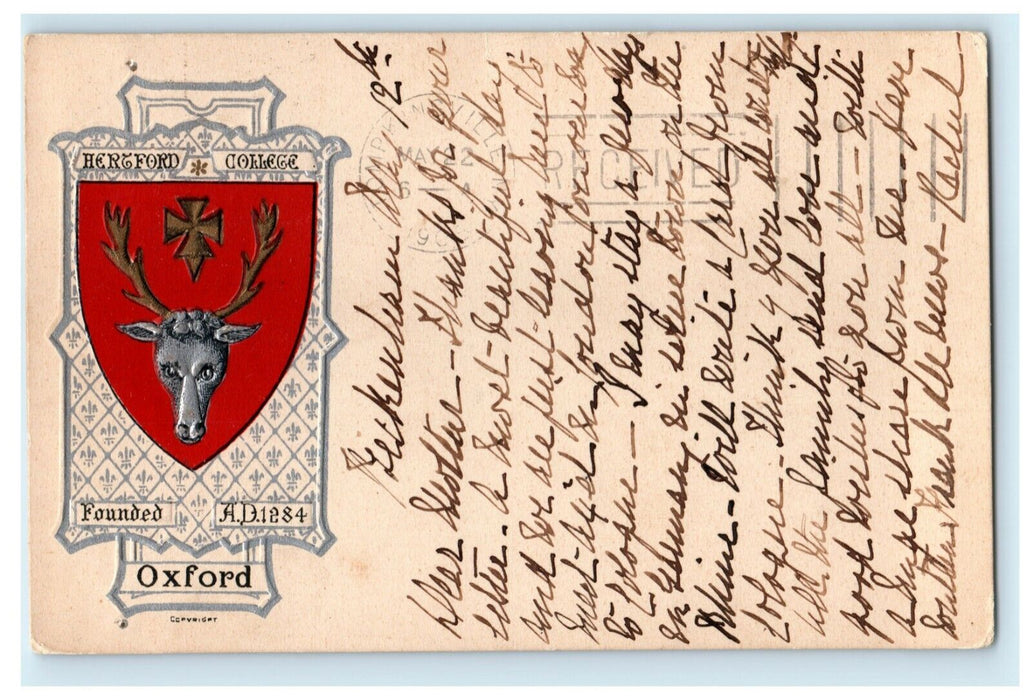 1905 Hertford College Oxford Correspondence United Kingdom UK Embossed Postcard