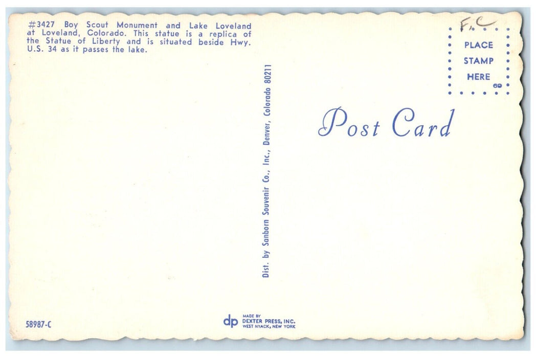 c1960 Boy Scout Monument Lake Loveland Statue Liberty Denver Colorado Postcard