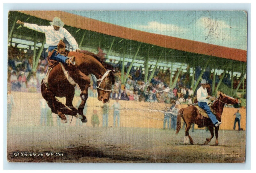c1940's Ed Scholtz On Bob Cat Cowboy Bucking Rodeo R.R Doubleday Postcard