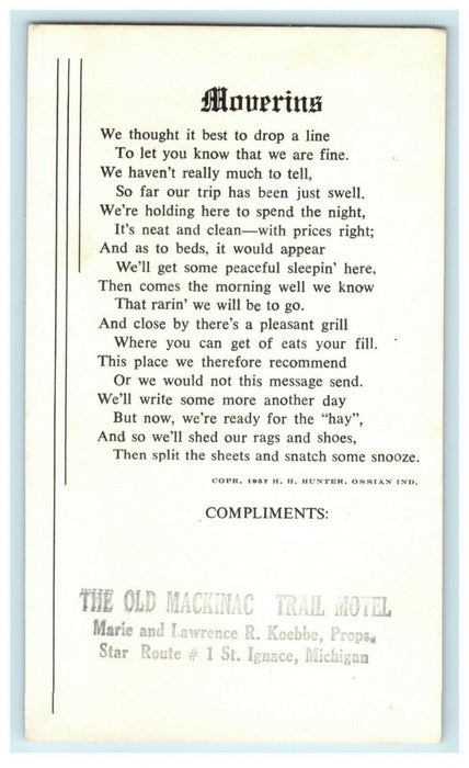1957 Poem Old Mackinac Trail Motel St. Ignace Michigan MI Vintage Postcard