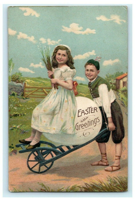 1911 Easter Girl and Boy Riding Giant Egg Wheelbarrow Embossed Antique Postcard