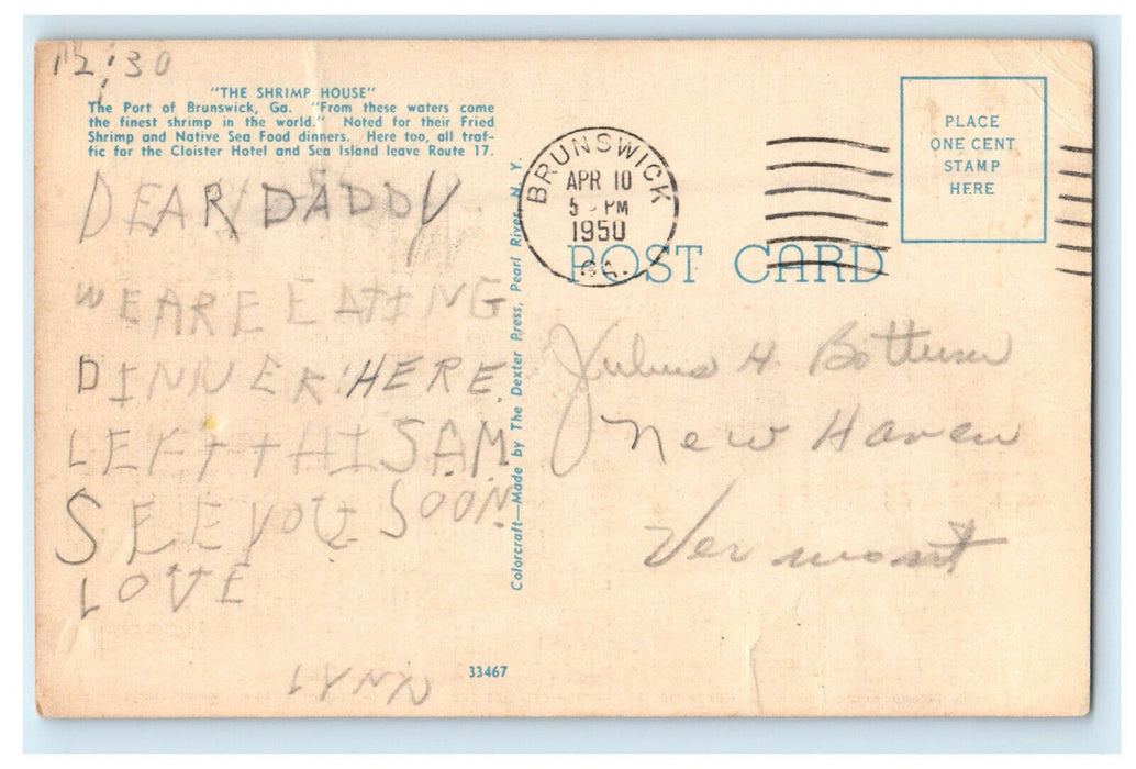 1950 The Shrimp House US Route No. 17 Brunswick Georgia Posted Postcard