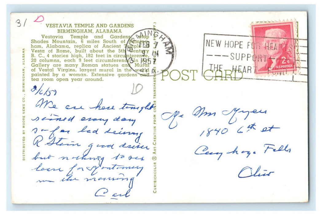 1957 Vestavia Temple and Gardens, Birmingham Alabama AL Cancel Postcard