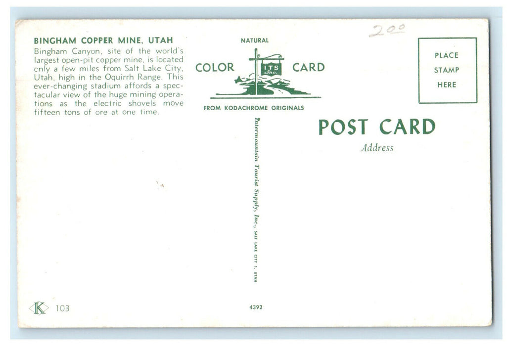 c1950s Bingham Copper Mine, Bingham Canyon, Utah UT Unposted Postcard