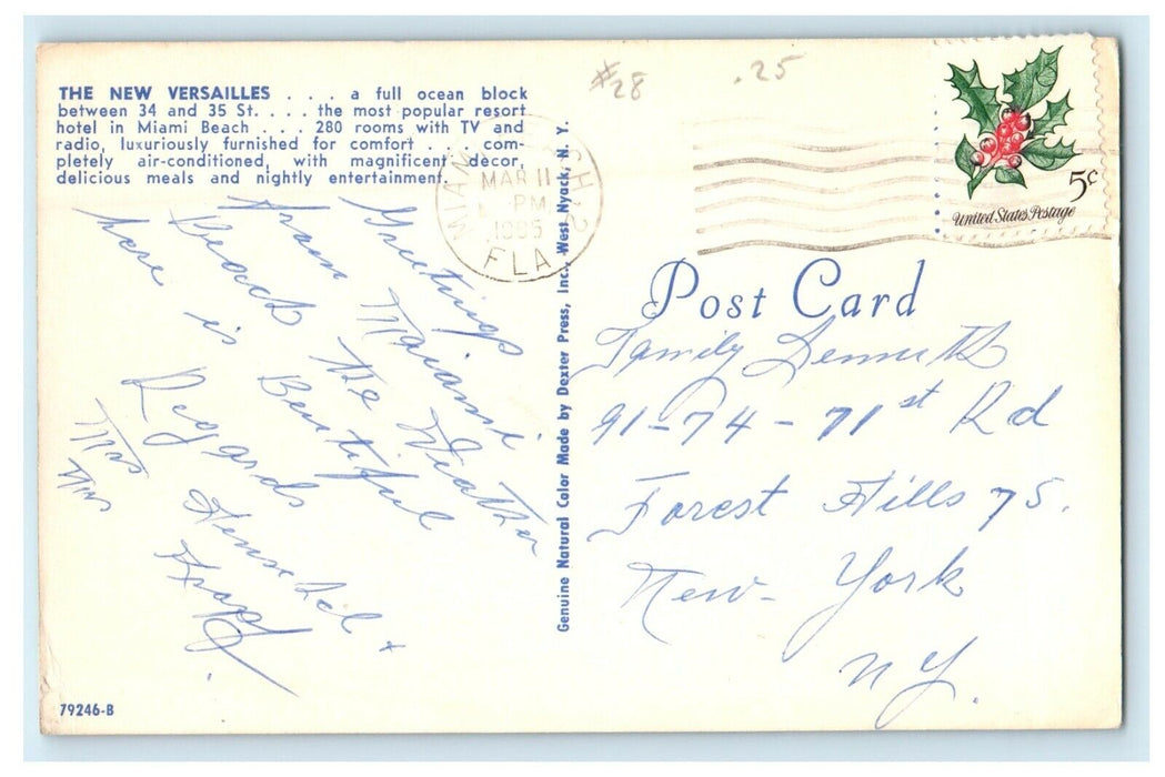 1965 View Of The New Versailles Resort Hotel Miami Beach Florida FL Postcard
