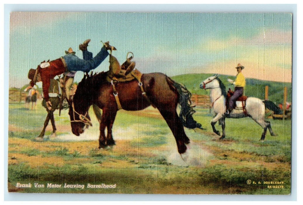 c1940's Frank Van Meter Leaving Barrelhead Cowboy Bucking Rodeo Vintage Postcard