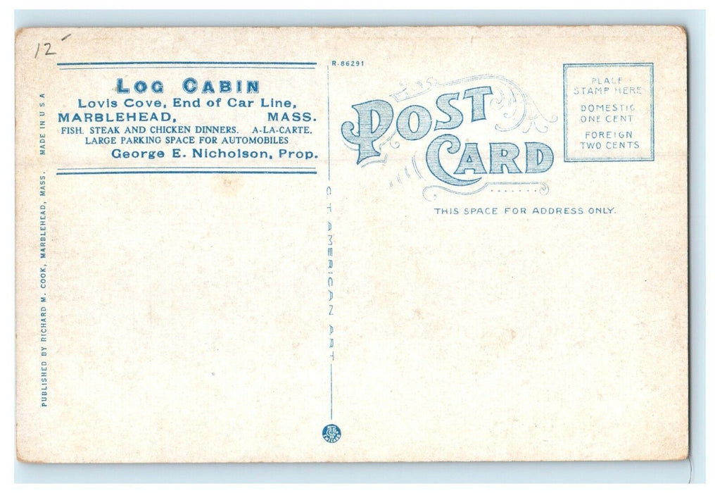 c1920's Log Cabin Lovis Cove Marblehead Massachusetts MA Antique Postcard