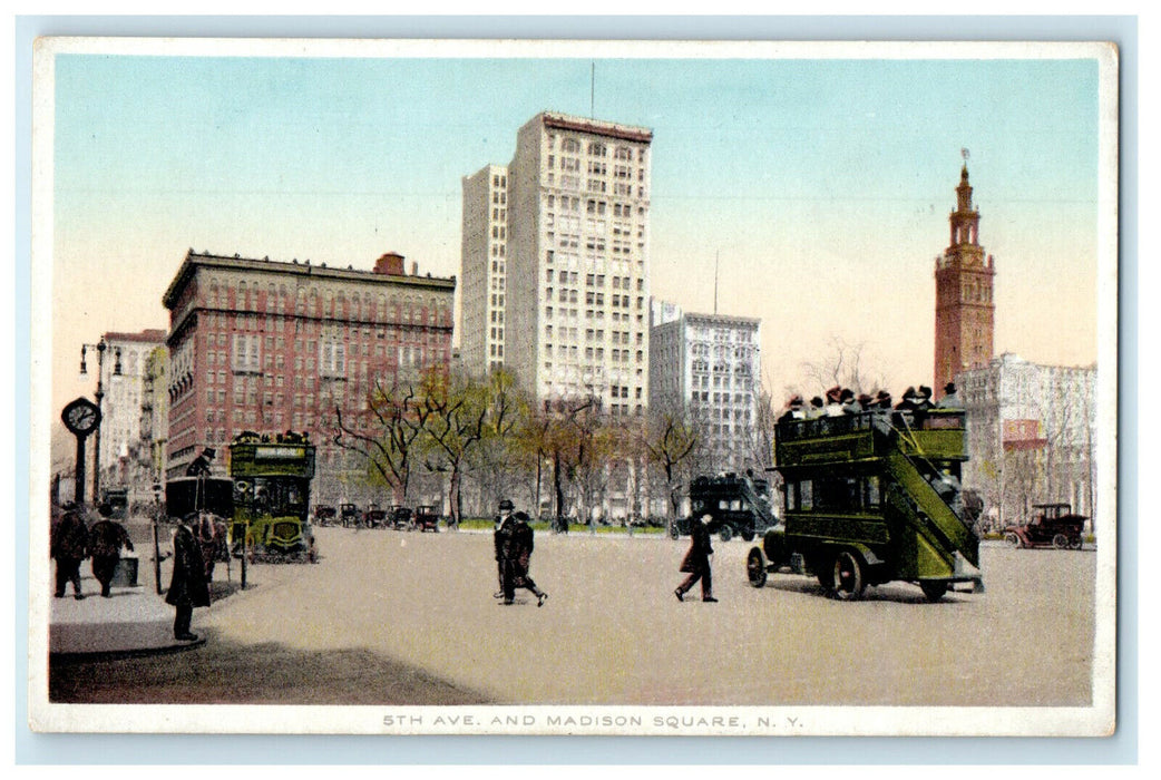 c1920s 2 Double Deck Bus, 5th Avenue and Madison Square New York NY Postcard