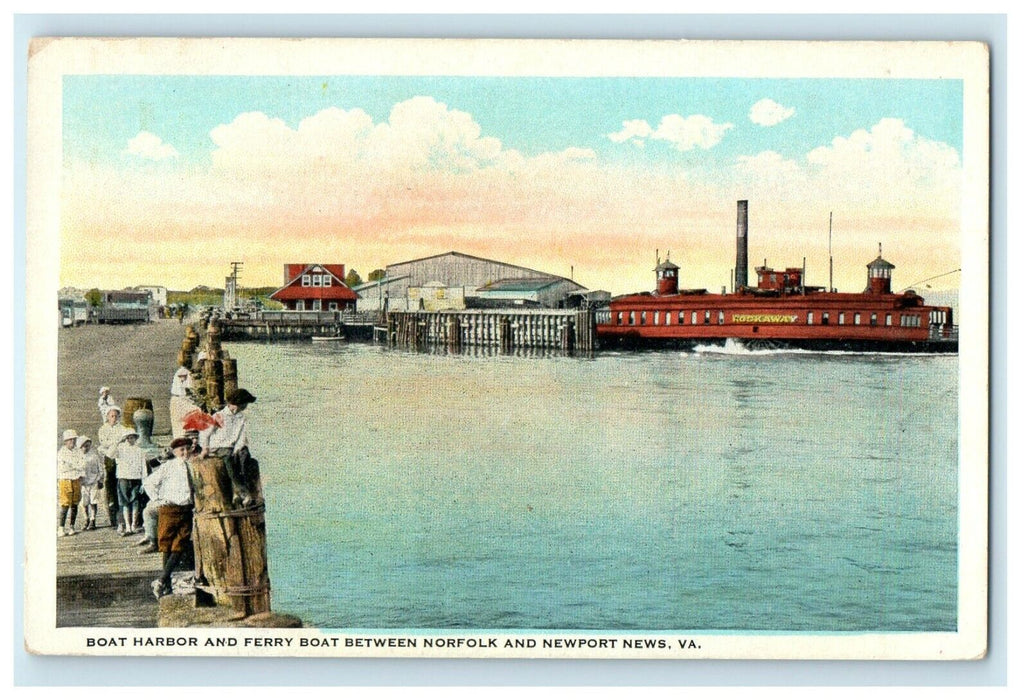 Boat Harbor And Ferry Boat Between Norfolk And Newport News Virginia VA Postcard