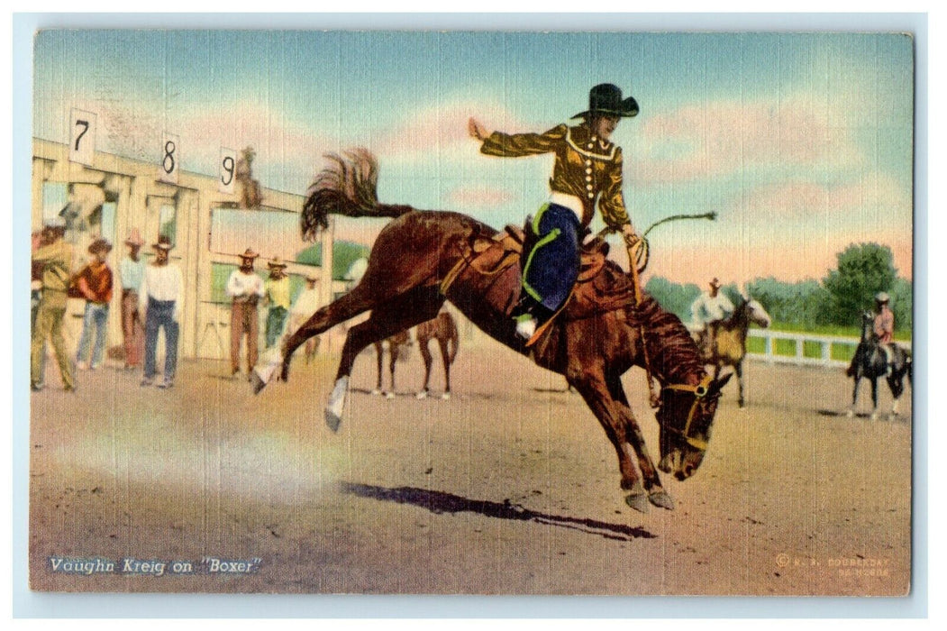 c1940's Vaughn Krieg On Boxer Cowboy Bucking Rodeo R.R Doubleday Postcard