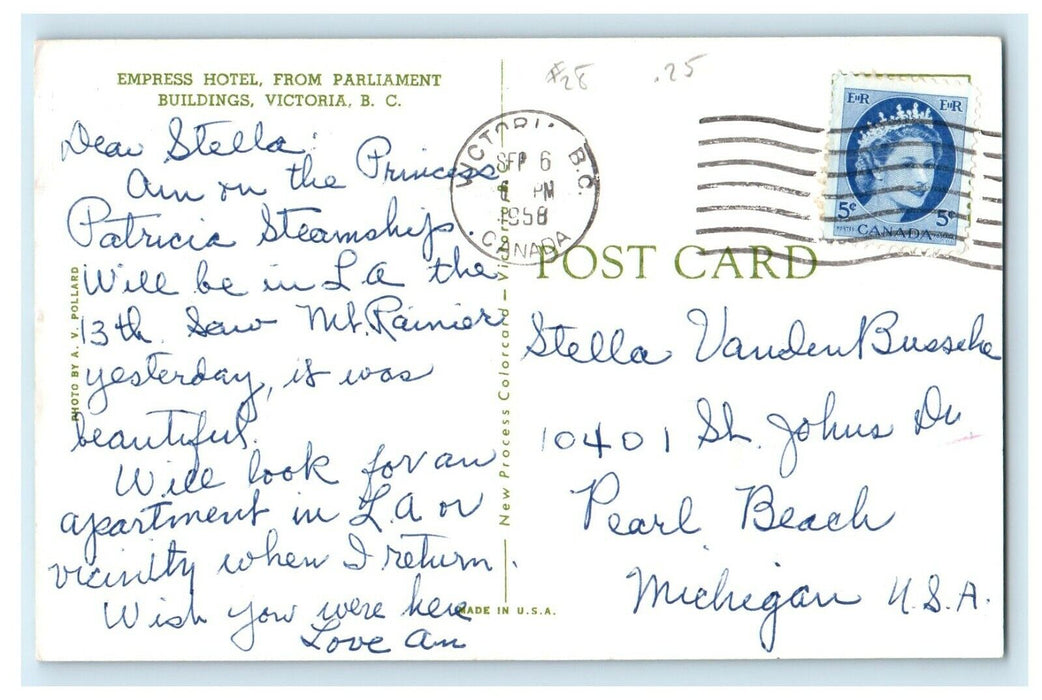 1958 Empress Hotel From Parliament Buildings Victoria B.C Canada Postcard
