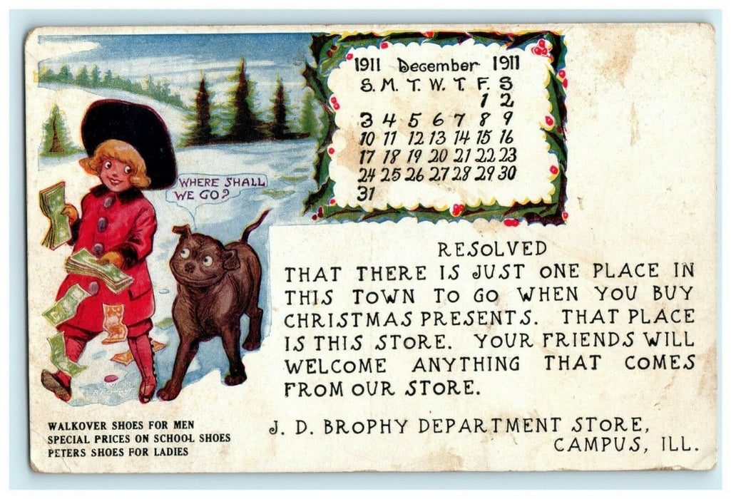 1911 J.D. Department Store Advertising Campus Illinois IL Calendar Dog Postcard