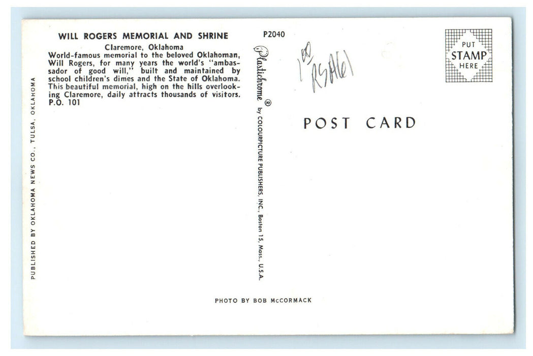 c1960s Will Rogers Memorial and Shrine Claremont Oklahoma OK Postcard