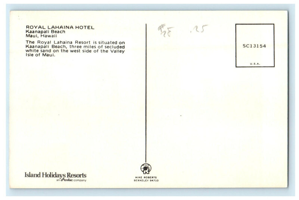 c1960's View Of Royal Lahaina Hotel Kaanapali Beach Maui Hawaii HI Postcard