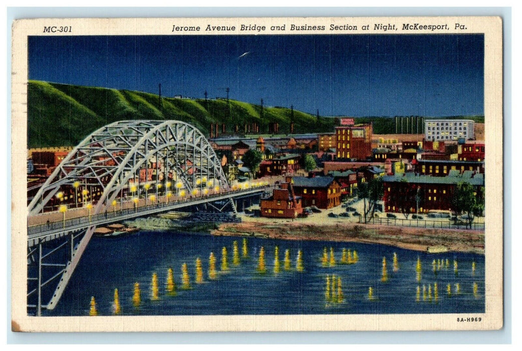 1939 Jerome Avenue Bridge And Business Section At Night, McKeesport PA Postcard