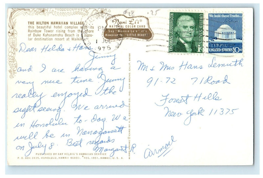 1975 Hilton Hawaiian Village Hotel Complex Rainbow Tower Honolulu HI Postcard