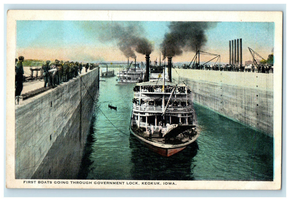 c1920s First Boats Going Through Government Lock, Keokuk Iowa IA Postcard