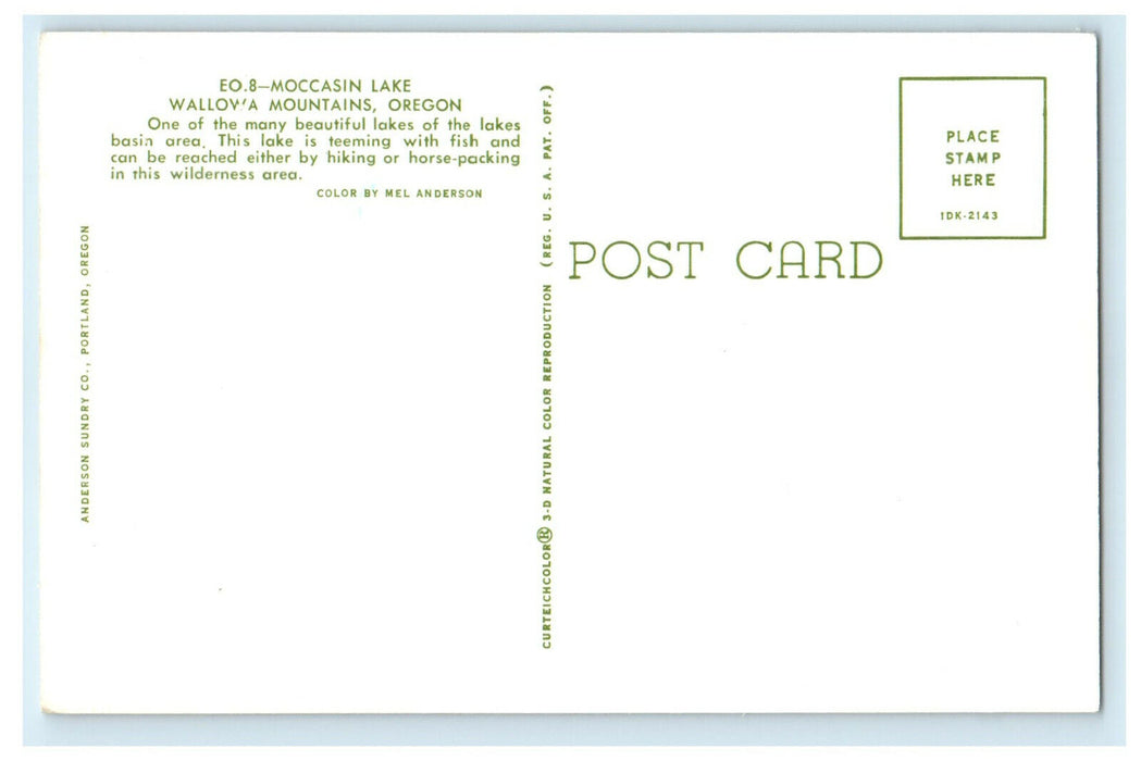 c1950s Moccasin Lake, Wallowa Mountains, Oregon OK Unposted Postcard