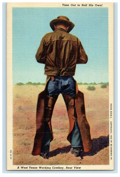 c1940's West Texas Working Cowboy Rear View, Time Out To Roll His Own  Postcard