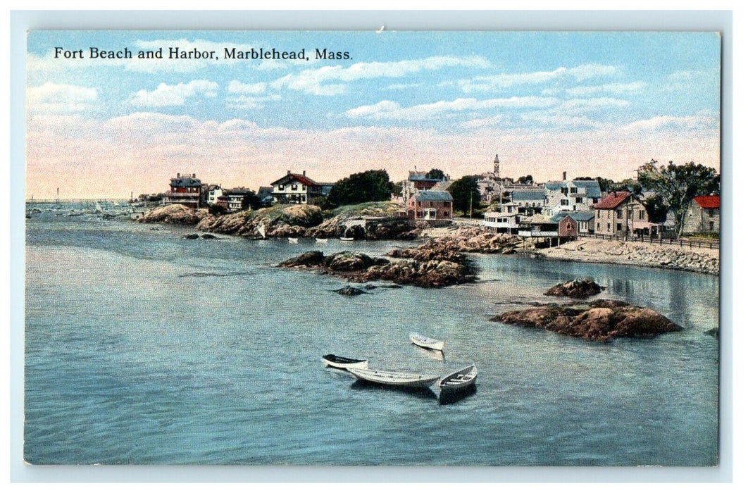 c1920's Fort Beach And Harbor Rock Boat Marblehead Massachusetts MA Postcard