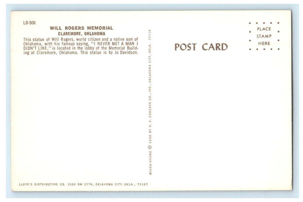 c1960s Statue of Will Rogers Will Rogers Memorial Claremont Oklahoma OK Postcard