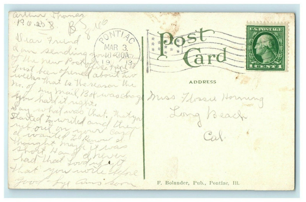 1913 Post Office Opened Two Weeks Ago Pontiac Illinois IL Antique Postcard