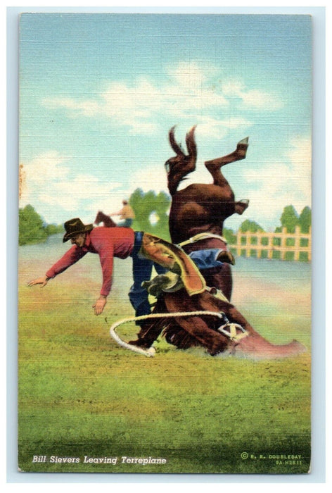 c1940's Bill Sievers Leaving Terreplane Cowboy Bucking Rodeo Vintage Postcard