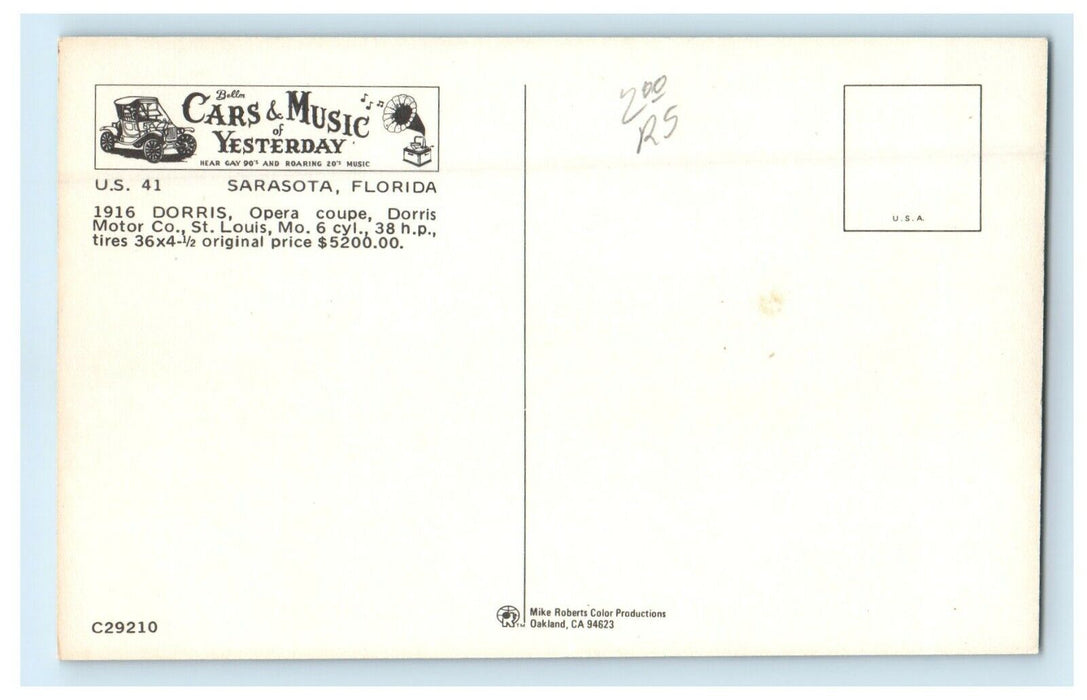 Bellm Cars & Music Of Yesterday Sarasota Florida FL Advertising Postcard