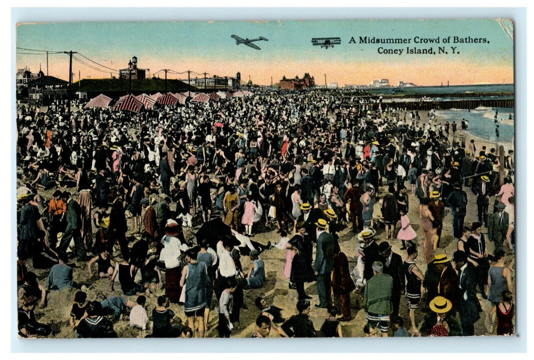 1914 Midsummer Crowd Bathers Coney Island New York NY Airplanes Postcard