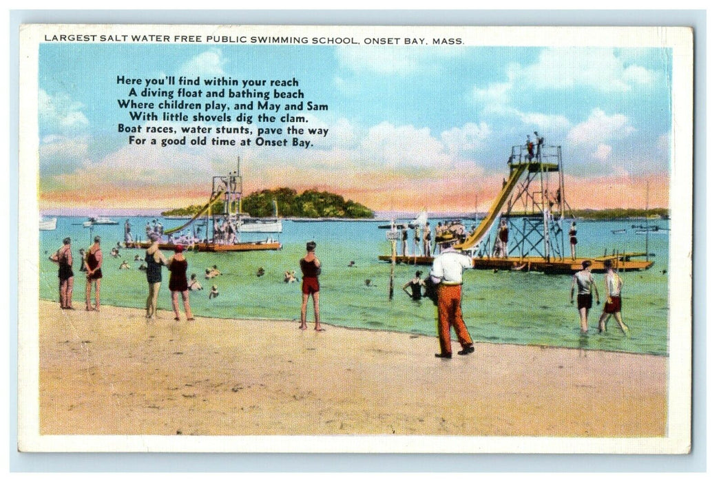 1934 Largest Salt Water Free Public Swimming Pool, Massachusetts MA Postcard