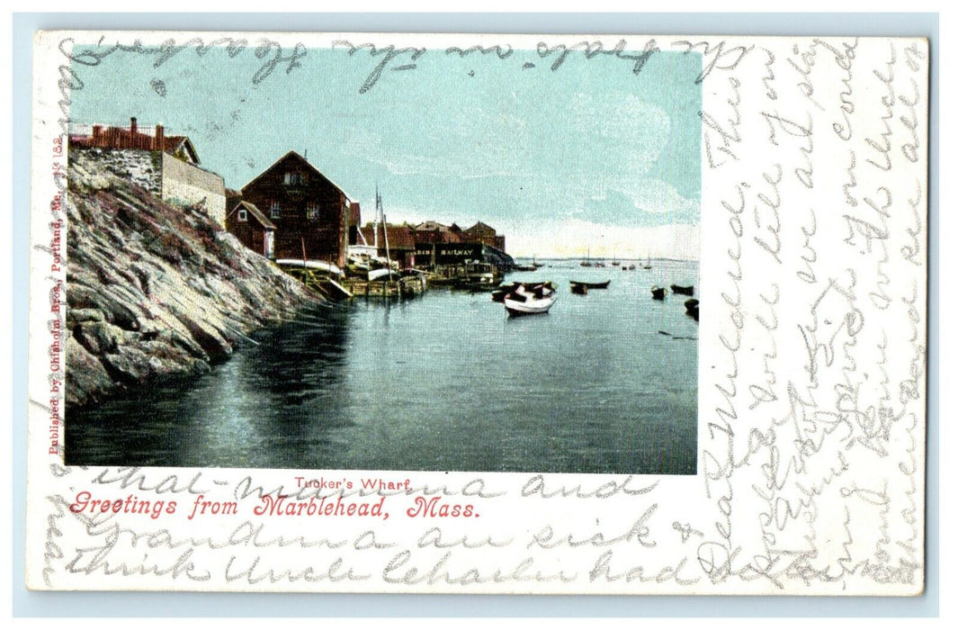 1905 Turker's Wharf Boats Greetings From Marblehead Massachusetts MA Postcard