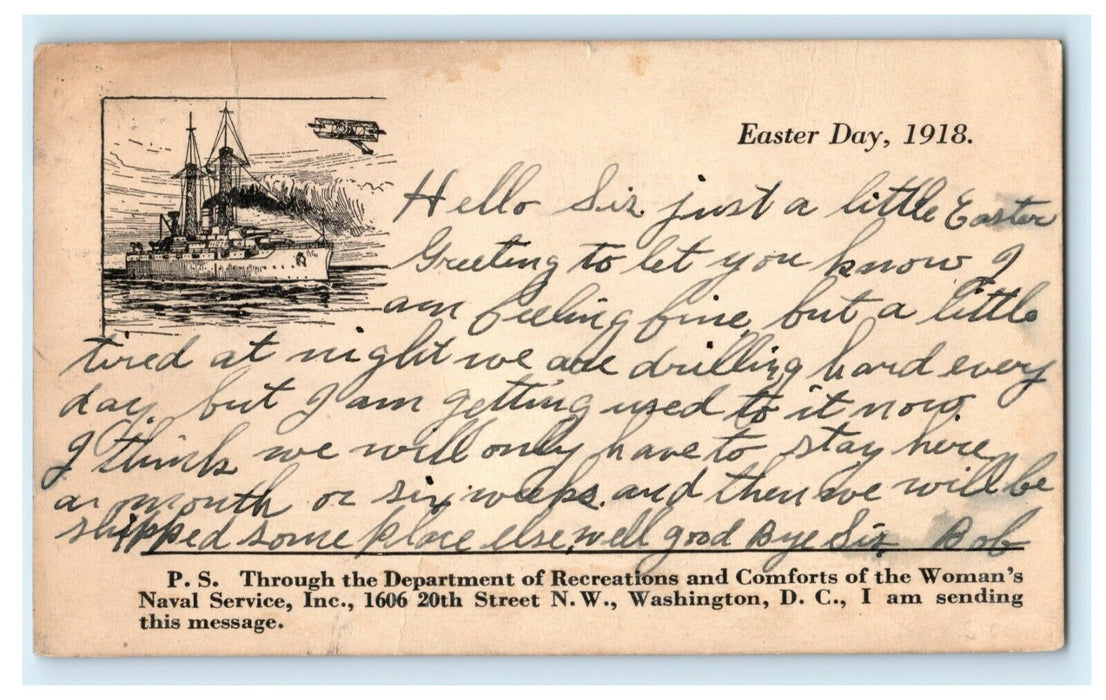 1918 Easter Navy Soldier to Sister Department of Recreations Comforts Postcard