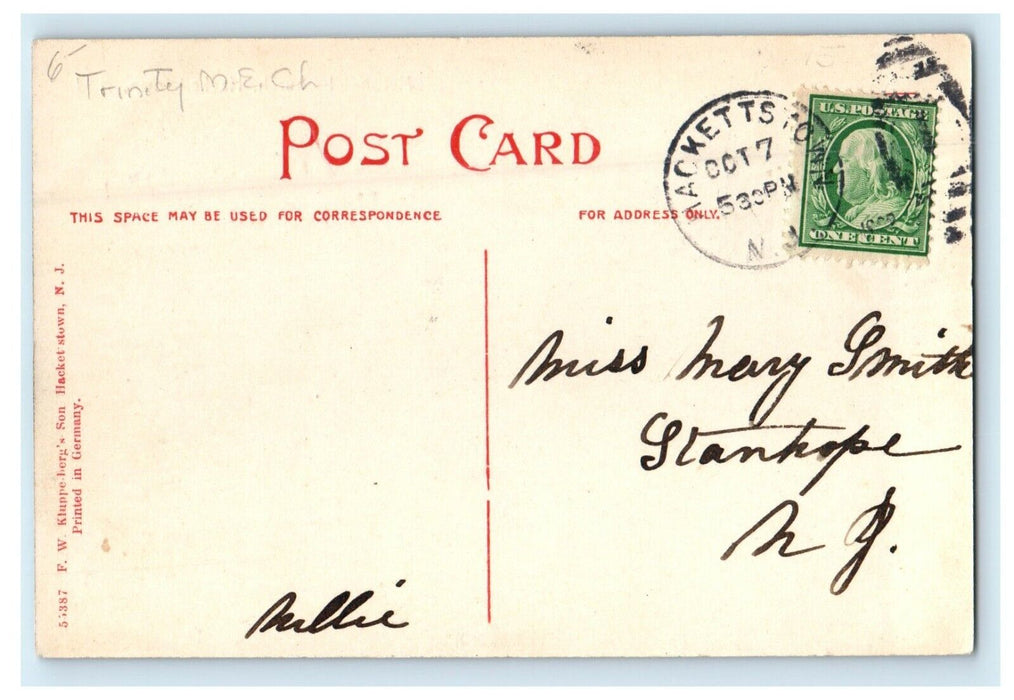 1909 Methodist Church, Hackettstown, New Jersey NJ Antique Posted Postcard