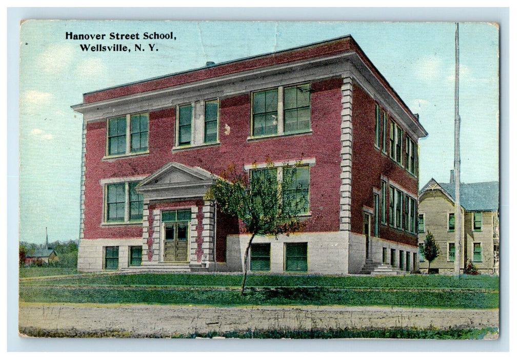 1912 Hanover Street School Building Wellsville New York NY Antique Postcard