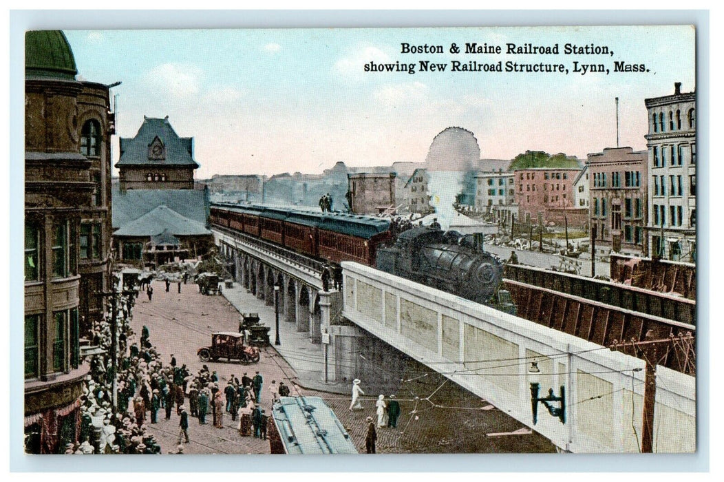 Boston Maine Railroad Station Showing New Railroad Structure Lynn MA Postcard