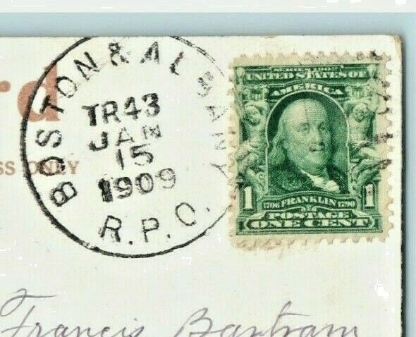 1909 Faneuil Hall Boston Massachusetts MA Boston & Albany RPO Posted Postcard