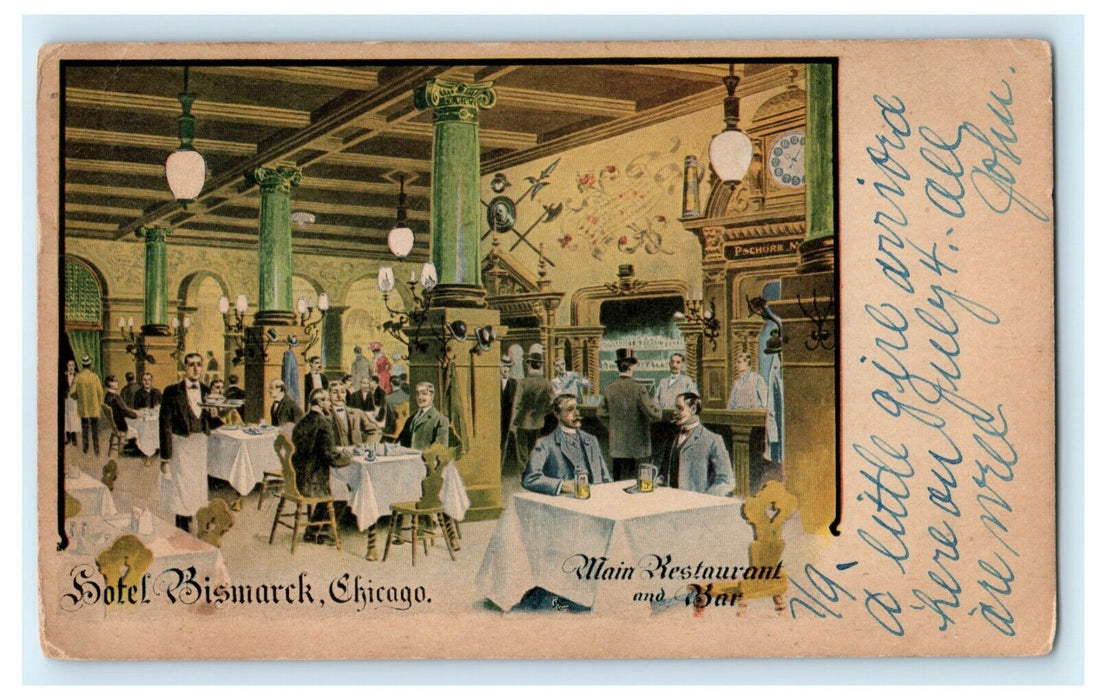 1906 Hotel Bismarck Chicago Illinois IL Main Restaurant and Bar Posted Postcard