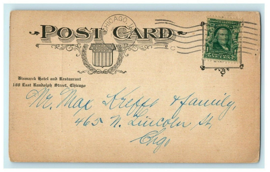 1906 Hotel Bismarck Chicago Illinois IL Main Restaurant and Bar Posted Postcard