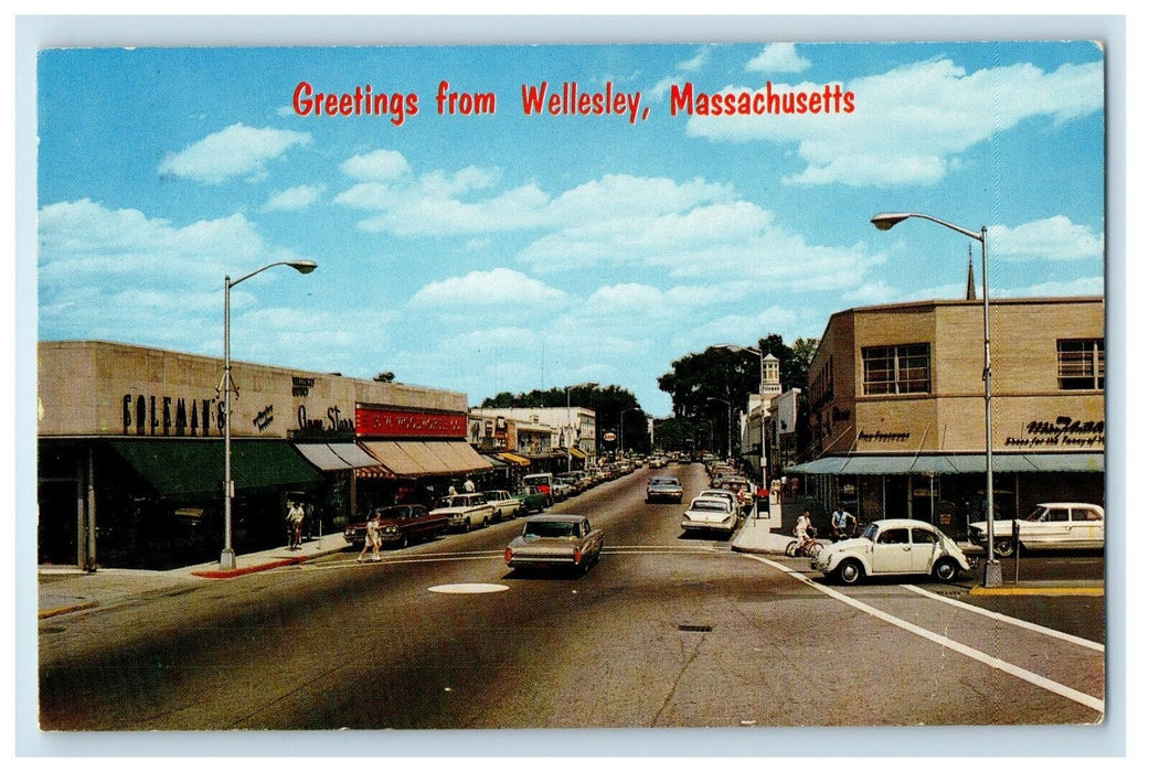 1968 Greetings From Wellesley Massachusetts MA, Main Street Cars Postcard