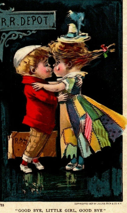 c1910 Goodbye Little Girl Railroad Depot Boy & Girl Kissing Cute Postcard
