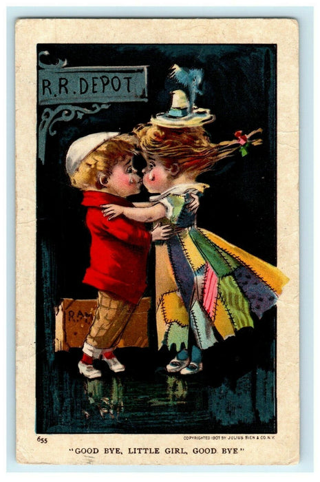 c1910 Goodbye Little Girl Railroad Depot Boy & Girl Kissing Cute Postcard