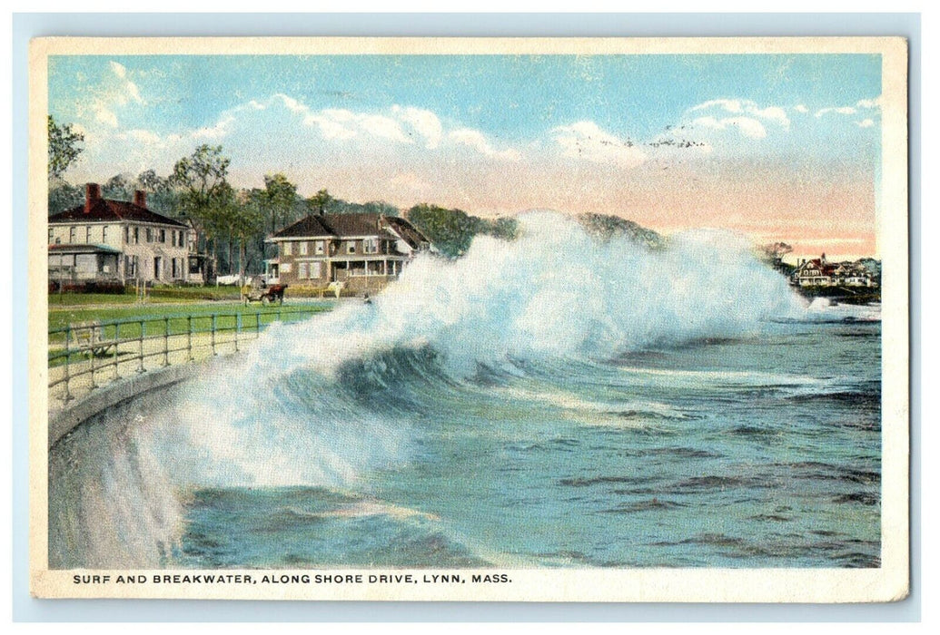 1916 Surf And Breakwater Along Shore Drive Lynn Massachusetts MA Postcard