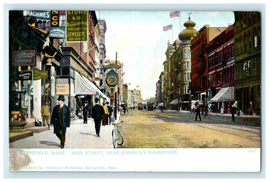 1906 Main Street Near Johnson's Bookstore, Springfield Massachusetts MA Postcard