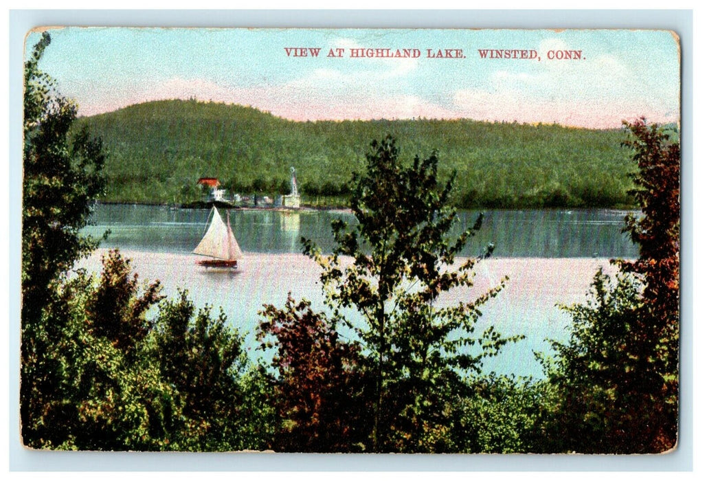 1909 Boats Moving in Highland Lake, Winsted Connecticut CT Postcard